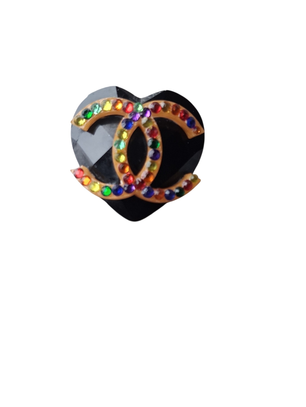 PRIDE: Black Heart Brooch with Gold Interlocking Logo and Multicolor Stones